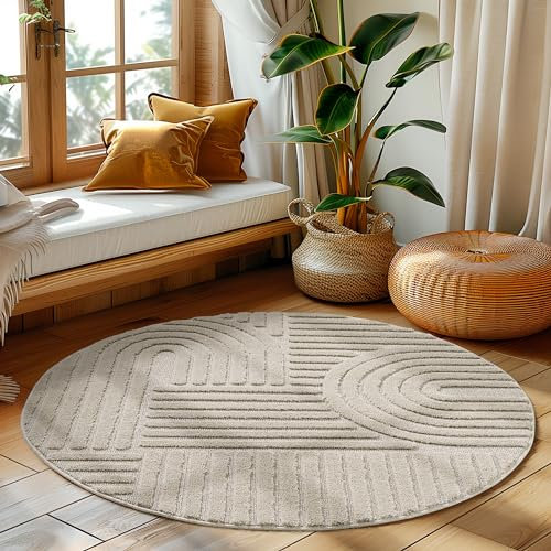 HomebyHome Kurzflor Teppich 120 cm Rund Beige - Hoch-Tief 3D Effekt Waschbar, Flauschig und Extra Weich - Skandinavisch Boho Muster für Wohnzimmer, Schlafzimmer, Esszimmer und Küche