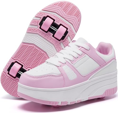 ANEFUN Chaussures à roulettes pour enfants filles garçons roues amovibles baskets mode, Rose Blanc 1135, 36 EU