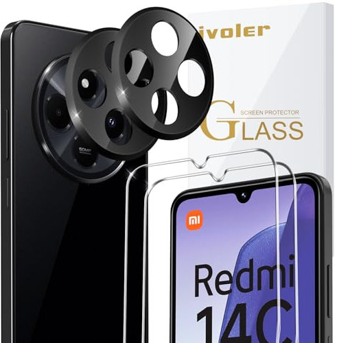 ivoler Pack de 2 Film de Protection d’écran en Verre Trempé pour Xiaomi Redmi 14C 4G / Poco C75, avec 2 Pièces Caméra Arrière Protecteur, Dureté 9H Glass, Anti Rayures, sans Bulles