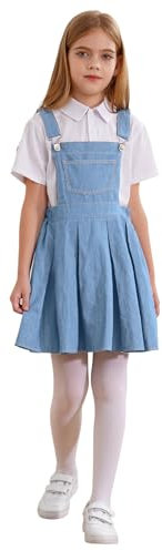 Fldy Mädchen Latzkleid Ärmelloses Jeanskleid A-Linie Mit Verstellbare Hosenträger Kinder Jeans Plisseerrock Lässiges Sommer Freizeitkleid Hellblau 146-152
