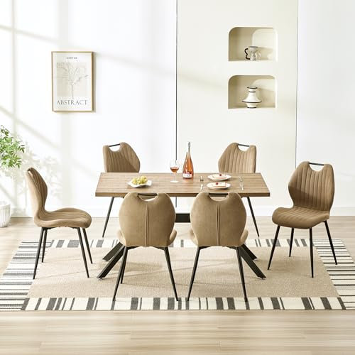 LEWE Esszimmergruppe Esstisch mit 6 Stühlen, 140 x 80 x 76 cm Rechteckig Esstisch aus Holz mit 6 Esszimmerstühle mit Hohe Rückenlehne, Schwarz Eisenbeine, für Küche Esszimmer und Wohnzimmer