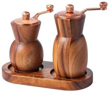 kowaku 2 Pieces Salt and Pepper Mill Set, Grinders Set, Retro Style Wooden Pepper Shaker Set, Sea Salt Grinder Refillable with Tray, Acacia Wood Mill and Crank Handle, Fresh Ground for Pepper Spices