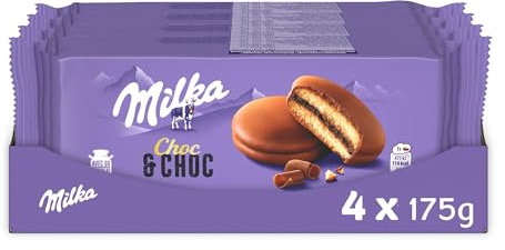 MILKA - Choc & Choc - Lot de 4 Sachets de Gâteaux Choco & Choc - Génoises Moelleuses, Cœur Fondant Cacaoté, Enrobé de Chocolat au Lait Milka - Idéal pour le Goûter - Lot de 4x175g
