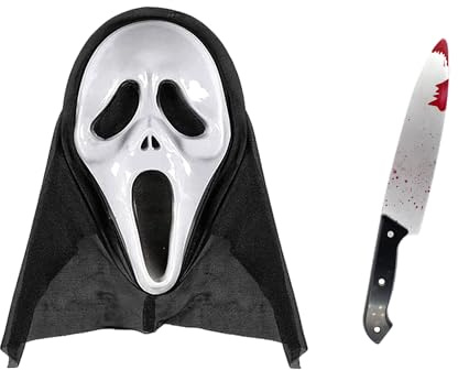 Carnavalife Weiße Geistermaske für Halloween Erwachsene Slasher Killer Kostüm mit Kapuze Gruseliges Horror Gesicht für Cosplay Party (Maske mit Messer)