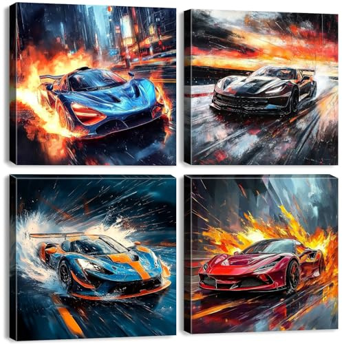 Lamborghini – Set mit 4 bunten abstrakten Wandpostern für Jungenzimmer, Jungenzimmer, Rennwagen-Dekoration, Graffiti, Rennwagen, Graffiti, Themenmalerei