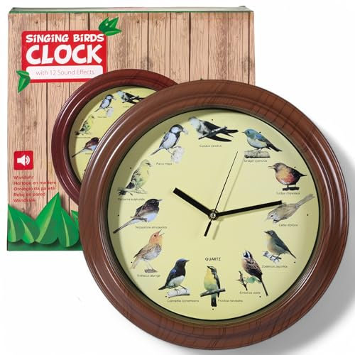 MIJOMA Wanduhr mit Vogelstimmen – Ø 33 cm – Natur-Sounduhr mit 12 Vogelrufen – Dekorative Uhr mit Holzoptik – Batteriebetrieben