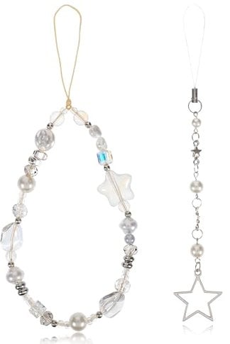 Aeaocvo 2PCS Beaded Phone Charm, Cute Phone Strap Y2K Beaded Camera Wrist Strap Decoration for Camera, Cellphone, Wallet