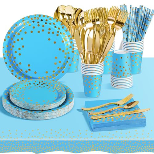 AIPartywar Party Tableware Set, Kids Birthday Party Supplies 226 Piece Light Blue Paper Plates Set Party Plates Cups Napkins Straw Dinnerware for Babyshower Engagement Wedding Birthday- 25 Guest