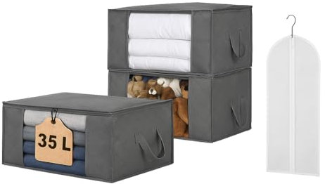 JIVAL19*22. 3 Bolsas almacenaje ropa plegables de tela no tejida + Funda Portatraje de tejido PEVA | Cajas de tela para almacenar ropa, mantas, edredones, trajes. (3, 35L)
