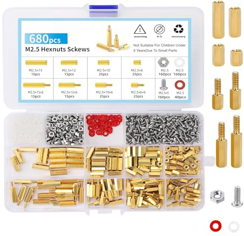 680 Pcs M2.5 Messing Männlich Weiblich Hex Abstandshalter mit Aufbewahrungskoffer, PCB Mainboard Schrauben Mutter Distanzhülsen, Gewindesäule Spacer Sortiment Kit für Elektronik, Elektrogeräte Zubehör