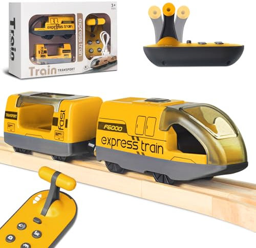 Train électrique Télécommandé pour Rails en Bois, Train motorisé avec 4 Effets Sonores et Lumineux pour Les Enfants de 3 4 5+ Ans, Compatible avec Thomas,Brio,Chuggington-Jaune