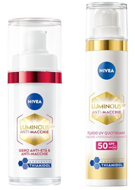 NIVEA Luminous630 Skincare Kit Anti-Macchie, Set skincare completo con Siero Viso Anti-Età & Anti-Macchie 30 ml e Fluido UV Quotidiano Crema viso SPF 50 40 ml con Thiamidol brevettato antimacchia