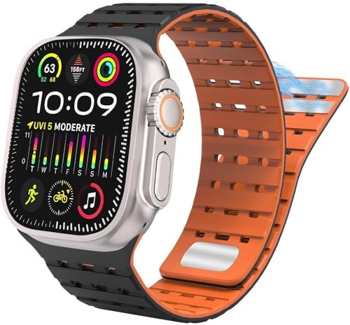 INFRI Para Apple Watch Band 49 mm 45 mm 44 mm 42 mm Bandas para mujeres y hombres, correa deportiva de silicona magnética para iWatch SE SE2 y Series 9/8/7/6/5/4 Ultra 2/Ultra(Black Orange)