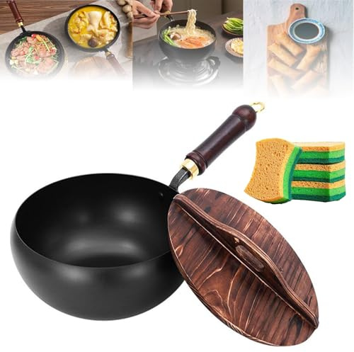 Uncoated Iron Pan,Chinese Boiling Non Stick Skillet General Cooking Induction Cooker Gas Stir Fry Pan Round Bottom Wok,Wok with Lid (24cm Hammer Pattern)