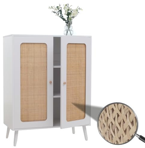 Mendler Highboard HWC-M38, Kommode Schrank Sideboard, Staufächer, Kubu Rattan Holz 106x80x41cm - weiß
