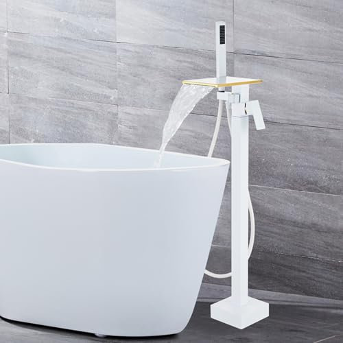 Standarmatur Badewanne Freistehend Wasserfall, Doppelmodus 360° Rotation Wannenarmatur mit Brause,Weiß + Gold