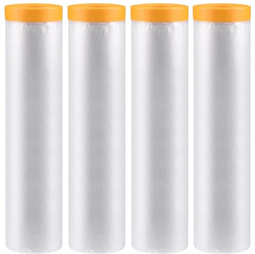 LCOUACEO Abdeckfolie mit Klebeband, 4 Rollen, 2,4m x 20m, Transparent | Selbstklebend, Staubschutz, Für Möbel Auto Boden Wand, Malerfolie