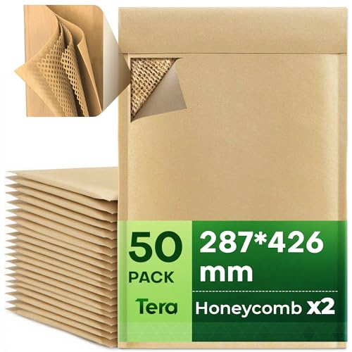 Tera Wabenpolster Gepolsterte Versandtaschen Kraftpapier: 28,7 × 42,6 cm 50er Pack 4-lagiger Schutz, selbstklebend, recycelbares Verpackungsmaterial für Warensendungen, Schmuck, Kosmetik