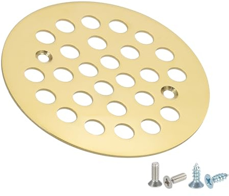 PATIKIL Juego De Rejilla De Drenaje para Ducha 4-1/4 con Tornillos Dorado | 1 Pieza, Rejilla Redonda De Acero Inoxidable 304, Para Suelo De Baño Césped Paseos Jardines Patios