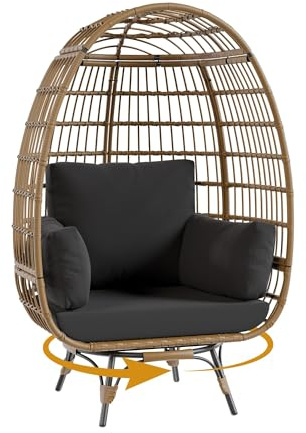 AffinityFurn Oversized All-Weather Egg Chair in Black - Rattan Swivel Lounge with Steel Stand & Beige Cushion for Conservatory, Patio or Garden