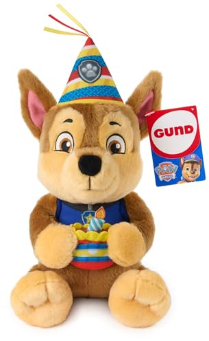 PAW PATROL Chase Kuscheltier im Geburtstagsoutfit, ab 3 Jahren | 23 cm groß | Mit Partyhut & Plüschtorte | Kuschelweicher Plüsch | Fantasievolles Rollenspiel | Geschenk für PAW Patrol Fans