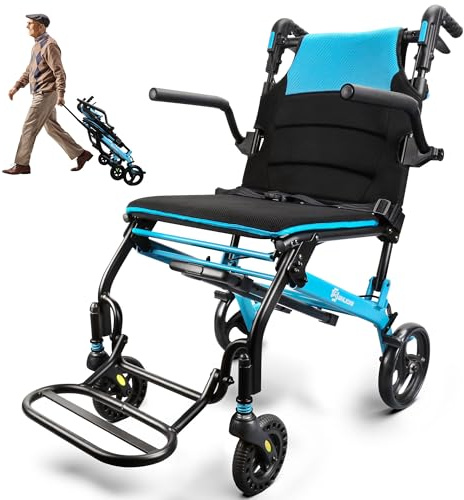 Silla de ruedas plegable ligera de 8,8 kg con mango telescópico, ultraligera, plegable, ligera, con reposabrazos y reposapiés plegables, para personas con discapacidad y personas mayores (Azul)