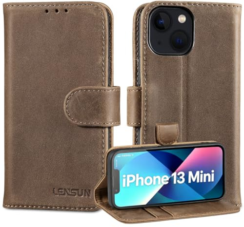 LENSUN Echtleder Handyhülle für iPhone 13 Mini, Vintage Dunkelbraun | Echtes Leder Hülle, Stand-Funktion Etui, RFID Schutz Wallet, Handytasche Lederhülle