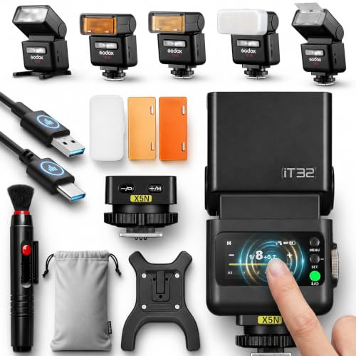 Godox IT32 TTL Camera Flash with X5N Flash Trigger, Compatible with Nikon, Magnetic Hotshoe & Trigger 2-in-1,Colorful Touch Screen,Rotatable Flash Head,TTL&HSS,LED Modeling Light,Creative Accessories