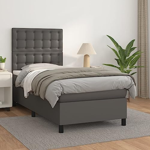 Yunovire Boxspringbett Grau 90x200 cm, Kunstleder Bezug, Matratze & Topper inklusive, höhenverstellbares Kopfteil, modernes Schlafzimmer Möbel