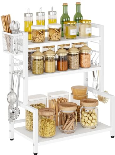 YMYNY Kitchen Spice Rack with Wire Basket, Countertop Shelf for Cabinet, Desktop Organiser with 6 Hooks, Storage Seasoning Rack for Spices, Jars, Oil Bottles White HSR006W