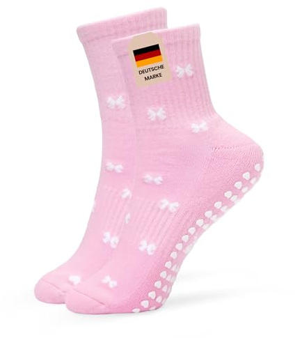 grippyglow Pilates Socken aus hochwertiger Baumwolle mit Schleifchen - Grip Socks für Yoga, Reformer Pilates, Barre & Home Workouts - Gr. 36-41 (Pink)
