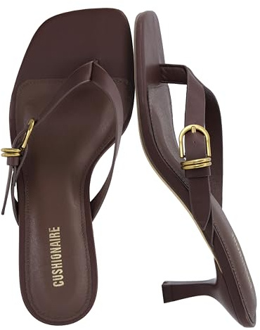 CUSHIONAIRE Marlin Low Kitten Heels for Women, Thong Style Dressy Heeled Womens Sandals with Adjustable Buckle Closure, CHOCOLATE 8