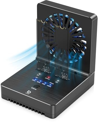 M.2 NVMe/SATA SSD Cloner, M.2 Duplikator 2-Bay Festplattengehäuse mit Kühllüfter, werkzeuglos 20Gbps USB3.2 Gen 2X2 Festplattenleser für NVMe/SATA SSD, unterstützt Offline Clone, UASP und Trim