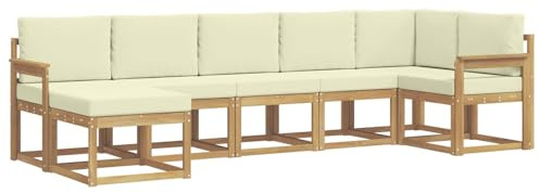 vidaXL Outdoor-Sofagarnitur mit Kissen 7 pcs Weiß und Creme Polyester, Modularer Gartensofa-Set, modernes Outdoor-Sofa, wetterfester Terrassenmöbel, Akazienholz, braunes Sitzen