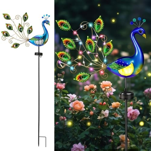 YOFHPT Gartendeko Solar, Solar Gartenstecker, Sol-ar Vogel Pfau, Solarstecker Garten mit Bruchglas Ku-gel, So-lar Tiere für Außen Garten, Solarleuchten für den Ga-rten,Solarfiguren für Au-ßen