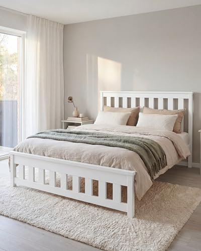 EcoBeds ADA Holzbett 180x200 cm Kiefer Massivholz bis 200 kg | Weiß - Doppelbett, Bettgestell mit Lattenrost und Stauraum, für Erwachsene, robust, einfache Montage