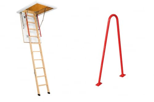 BPS® Deluxe Wooden Loft Ladder | Twin Safety Handrails | Folding Attic Ladder | EN14975 Certified | Heavy Duty 150kg Weight Rating | Insulated Hatch Door | Spring Assisted (1100 x 545 mm + Grab Rail)