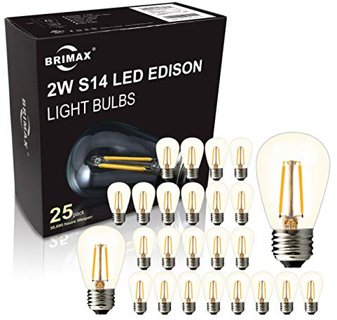 BRIMAX 25 Pack 2W S14 Replacement LED Bulbs,2700K Soft Warm White, Shatterproof Waterproof Outdoor String Light Bulbs Dimmable,E26 Medium Base,Plastic Edison Bulbs for Patio Garden