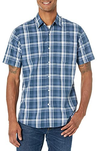 Amazon Essentials Men's Regular-Fit Short-Sleeve Poplin Shirt, Navy Medium Plaid, L