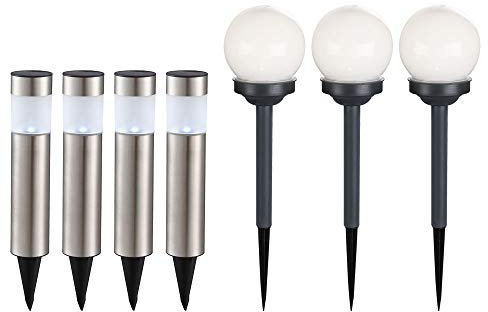 etc-shop 7er Set LED Solar Lampen Kugel Steck Strahler Garten Weg Erdspieß Edelstahl Säulen Außen Leuchten