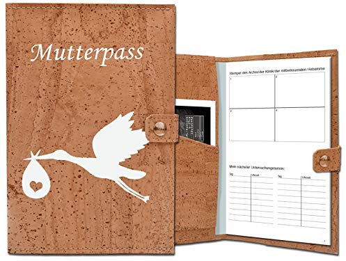 Simaru Mutterpasshülle aus wasserabweisendem Korkleder in Beige, Schutzhülle für den Deutschen Mutterpass, Ultraschallbilder und Versichertenkart mit Storch Bedruckt (Storch (Druckknopf))