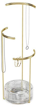 Umbra Tesora Schmuckbaum – Hoher Schmuckständer für Ketten mit integrierter Glas Schmuckablage für Ringe, Ohrringe, Armbänder, Uhren und Accessoires, 3-stufig, Messing/Glas