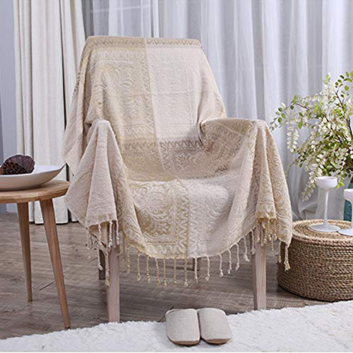 ele ELEOPTION Chenille Jahrgang Jacquard Quasten Überwurf Decke, Stammesmuster Doppelseitiges Patchwork Sofaüberwurf, Ideal für Haus Dekoration, Bett, Sofa, Couch, Stuhl (Beige, 220x 250cm)