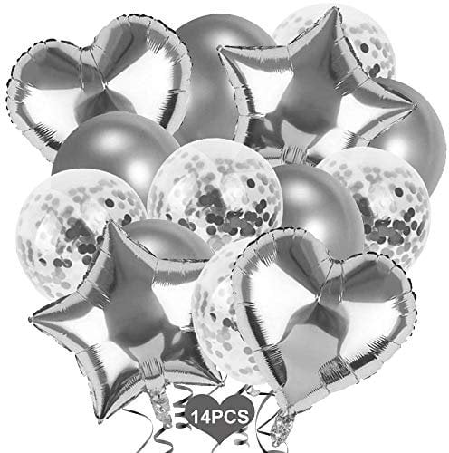 Luftballons Silber Geburtstag, 14 Geburtstagsdeko - Silber Stern Herz Folienballon/Silber Latex Luftballon Ballons & Konfetti Luftballons, Folienballons für Geburtstag Hochzeit Babyparty Valentinstag