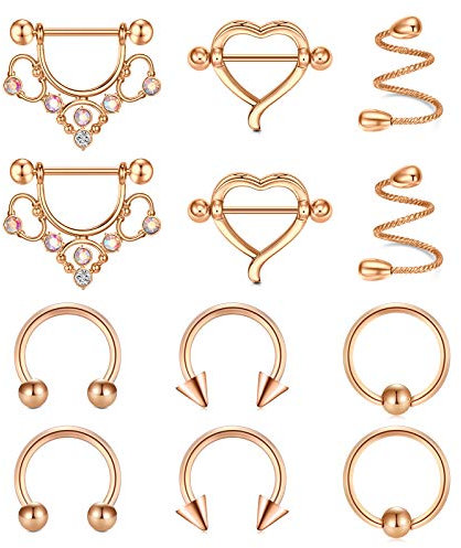 Zolure Chirurgenstahl Brustwarzenpiercing Fake Nippelpiercing Clip On Herz Brust Piercing Faux Körper Schmuck für Herren Damen 12 Stück