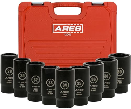 ARES 12066-9-Piece Axle Nut Socket Set - 29-39mm Axle Nut Sockets - 12 Point Sockets - Extra Deep 1/2-Inch Drive Impact Socket for Easy Removal of Axle Shaft Nuts