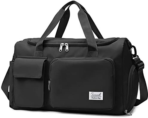 Suruid Sac de Sport, Sac de Voyage pour Femme et Homme Grande Capacité avec Compartiment Chaussure Poche Humide et Manchon pour Chariot Léger et Portable Sac de Gym,Week-End,Fitness Noir
