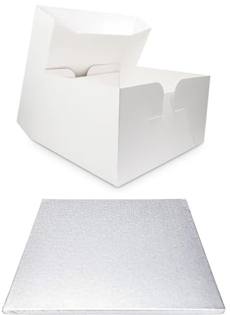 LARRYROO Single White Cake Box and Silver Square Board Pack - Thick Drum for Wedding, Party etc (12 Inches)