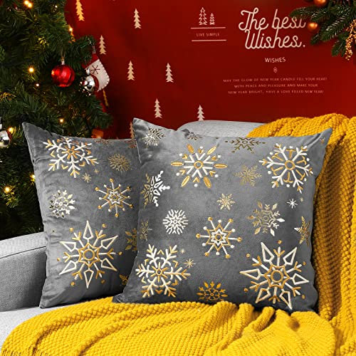 Lewondr Weihnachten Kissenbezug, 2 Stück Dekokissenbezug Weihnachtsdeko mit Schneeflocken-Stickerei & Heißprägemuster, Kopfkissenbezug Zierkissenbezug für Zuhause Auto Büro 45 x 45 cm - Grau