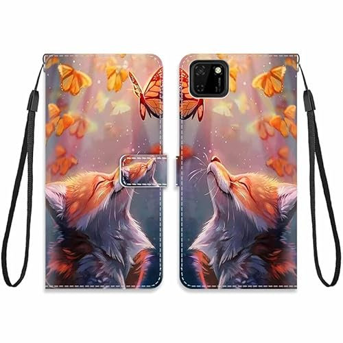KARTXITAI Hülle Kompatibel mit Huawei Y5p 2020,Leder Handyhülle mit Kartenfach Geld Slot Ständer PU Ledertasche Wallet Flip Magnetische Muster Schutzhülle-Fuchs,Schmetterling